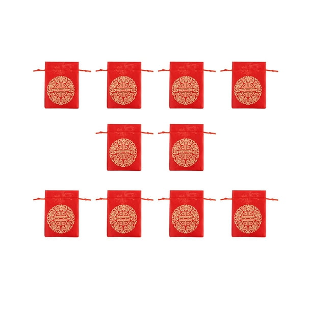 GOOHOCHY 10pcs Bolsa de almacenamiento de satén de estilo chino Paquetes de bolsas de regalo Bolsas de cordón de joyería Decoración de fiesta de boda (9-14 cm, rojo)