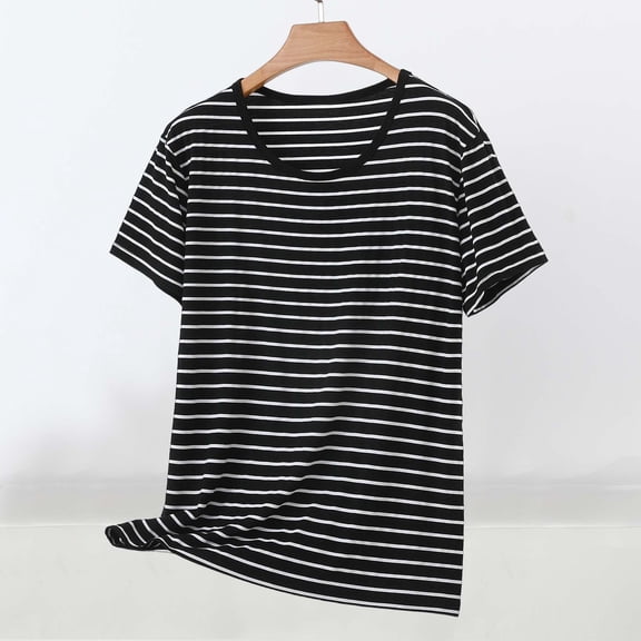 Maqroz Plus Size Women's Striped V Neck Short Sleeve T-Shirt Casual Backless Summer Tee Loose Comfy Basic Daily Wear Cotton Top