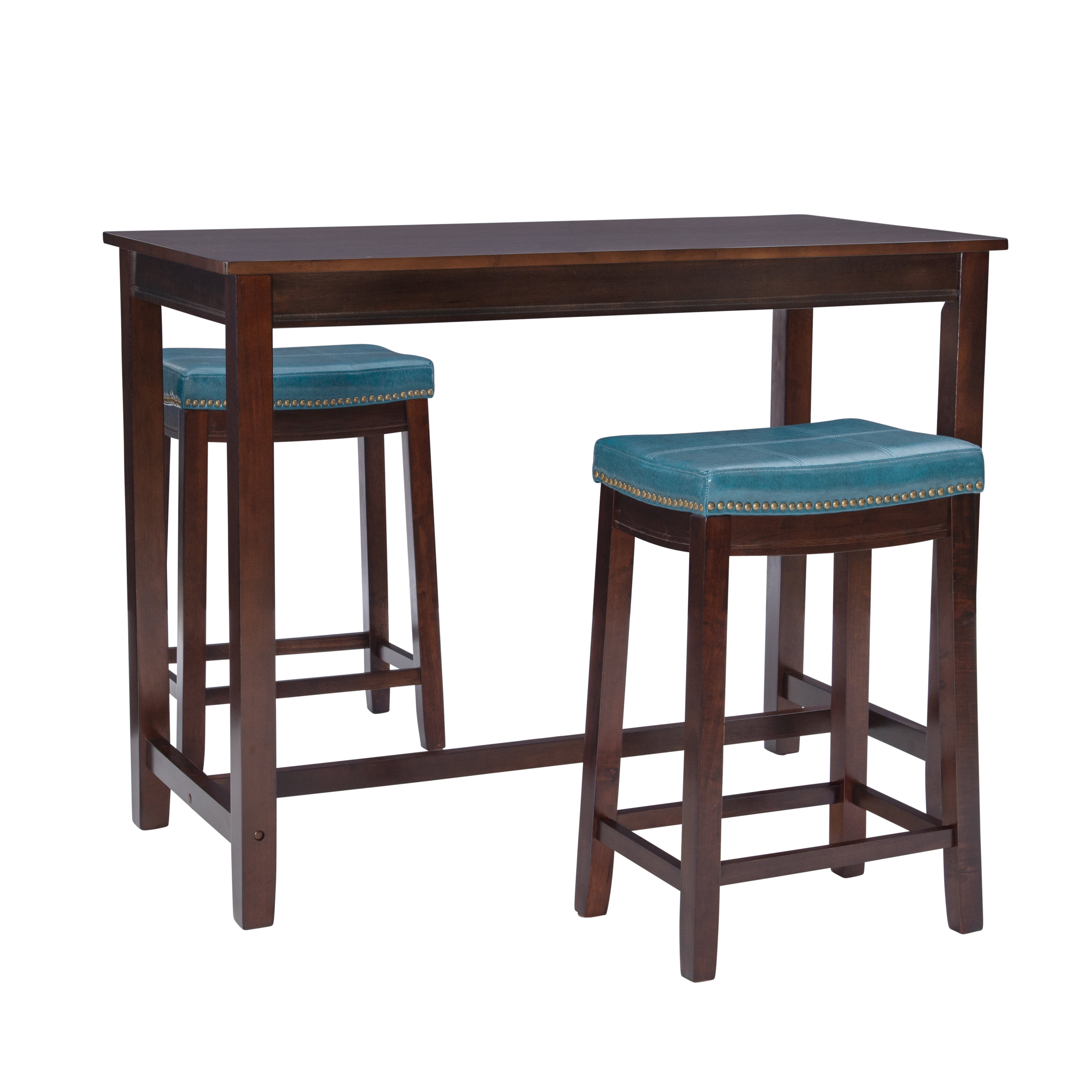 Linon Claridge 3-Piece Counter Height Tavern Set, Brown with Blue Faux Leather