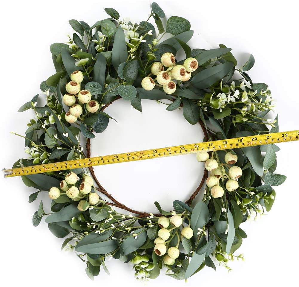 20 Inch Farmhouse Wreath Green Outside Crafts Hello Sign Artificial White Berries Welcome-Wreath-Summer-Boho-Decor Home Porch Decoration Eucalyptus Wreaths Front Door Spring 