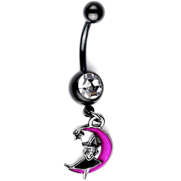 Body Candy Womens Anodized Steel Navel Ring Piercing Clear Accent Pink Moon Witch Dangle Belly