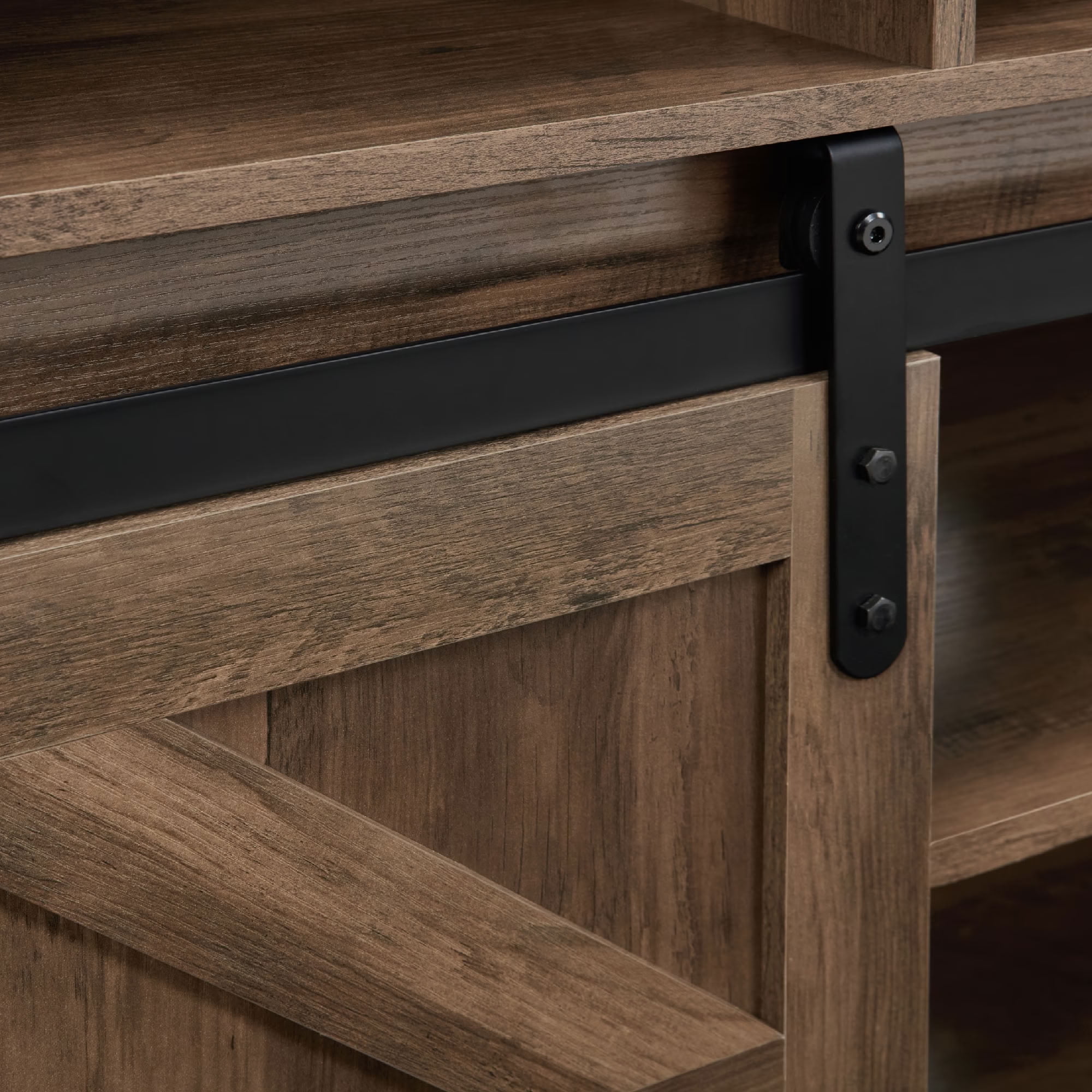 MAYEERTY Modern TV Stand with Sliding Barn Door, Farmhouse Wood Storage Cabinet with Adjustable Shelves for TVs Up to 65", Natural Brown