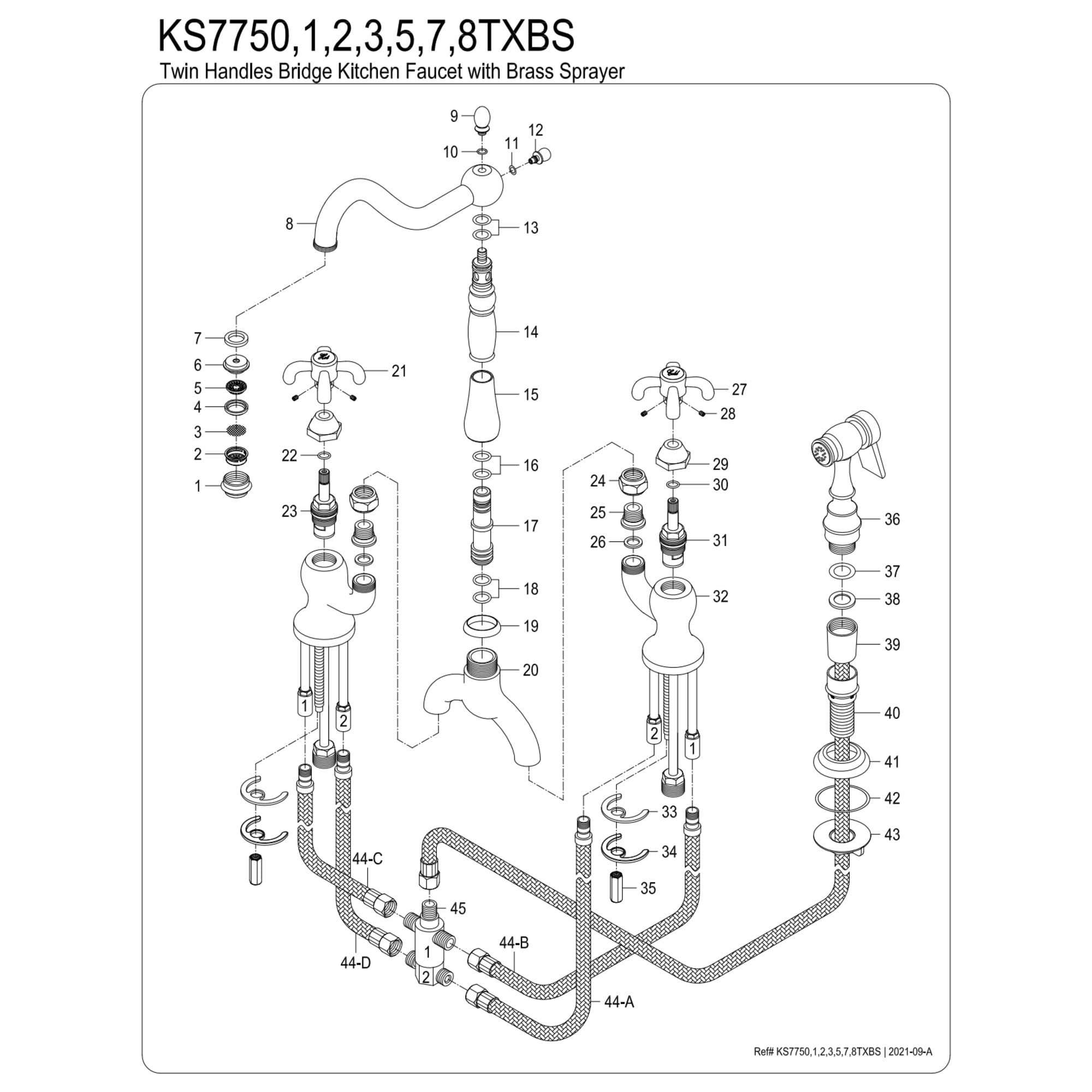 Kingston Brass KS7753TXBS French Country Two-Handle 3-Hole Deck Mount Bridge Kitchen Faucet with Brass Side Sprayer in Antique Brass
