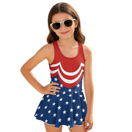 COEQINE Girls Swim Dress One Piece with Skirt & Liner Scoop Neck Wide Strap V-Back Swimsuit 4th of July Beachwear for Kids Ages 12-13 Polyester Spandex Blend Wave American Flag