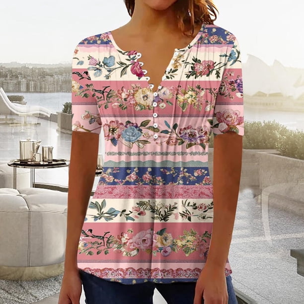 TaTaai Women's Printed Pullover Top, Soft Breathable Cotton, Loose Fit, Short Sleeve V-Neck, Ruching Buttons, Casual Daily Office Outings Spring Summer Multi-Color Gift