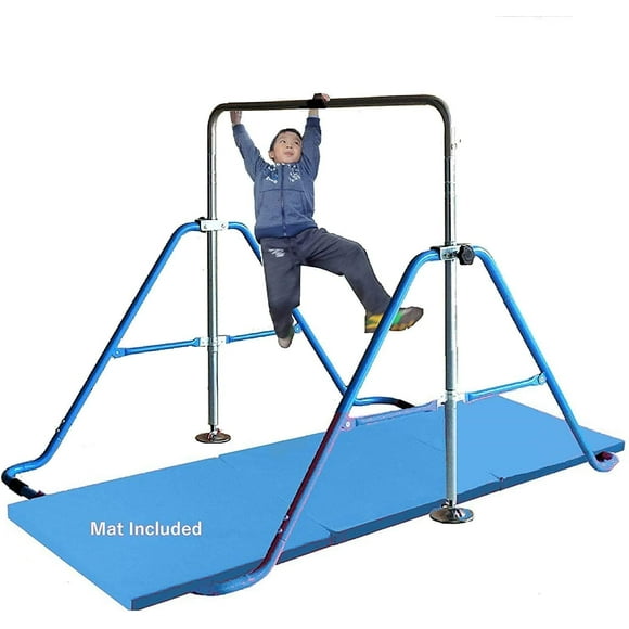 Kids Expandable Gymnastics Bar Horizontal Bar Kip Bar Junior Gymnastic Training Children Exercise Folding Monkey Bars Climb Tower with 6'x2' Exercise Mat Blue