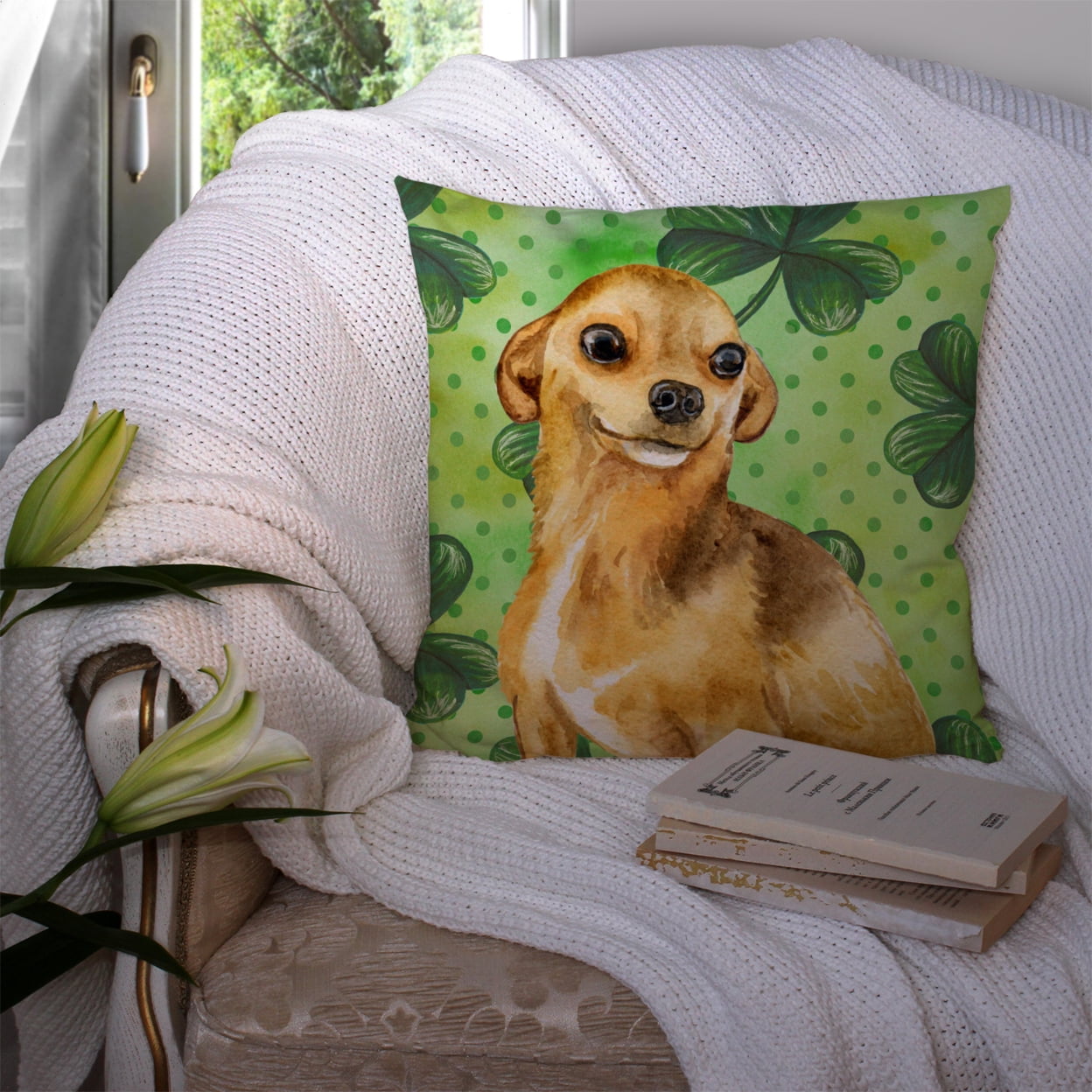 Carolines Treasures BB9832PW1414 Chihuahua St Patricks Fabric Decorative Pillow 14Hx14W multicolor