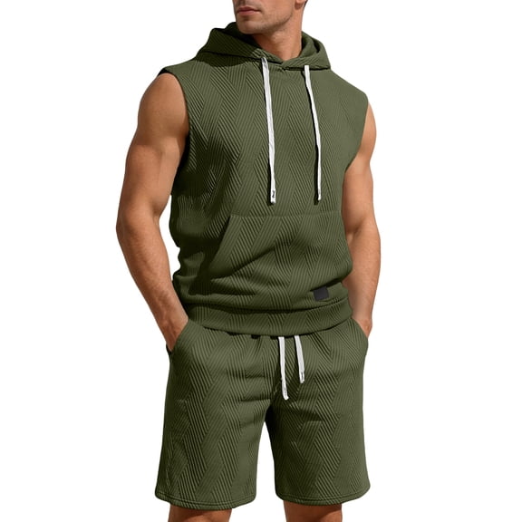 Hogleaql Men's Linen Shirt Shorts Outfits Cotton Short Sleeve Dressy Shirts with Hoodies & Casual Shorts Loose Fit Outfits Cozy Matching Sets with Pockets Army Green 2XL