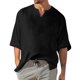thumbnail image 1 of Men's Solid Color Pleated Quarter Sleeve Top Men's Retro V-Neck TopM, 1 of 5