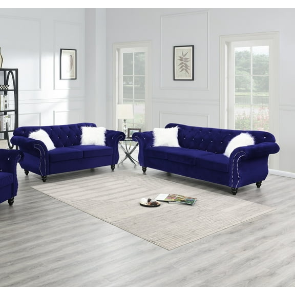 Majestic Look 2pcs Sofa set Indigo Velvet Fabric Luxurious Rolled Arms Sofa and Loveseat Living Room Furniture Couch Plush Cushions