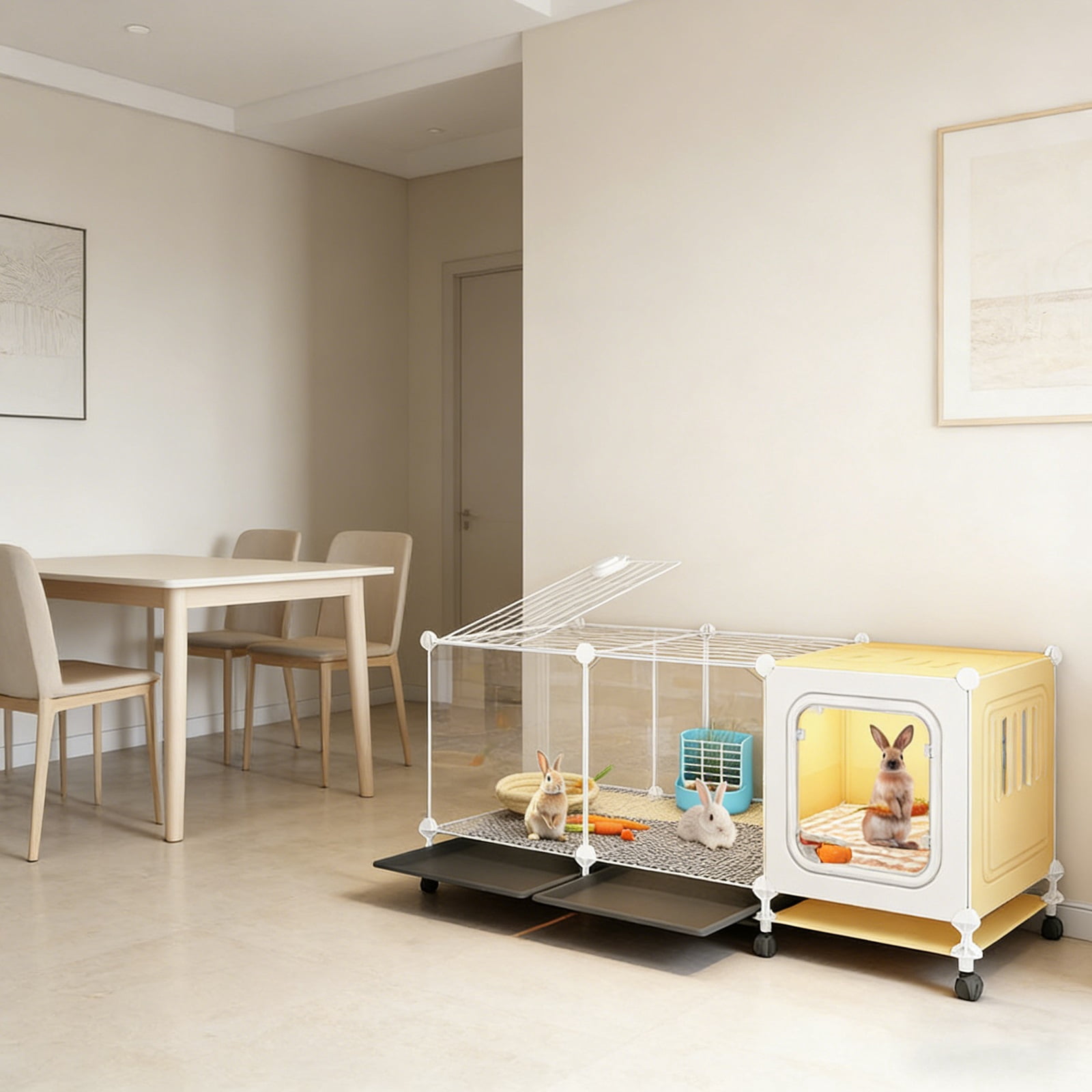 Rabbit Cage Indoor,Loft Bunny Hutch with Urine-Proof wall,Leak-Proof Trays, Wheels 41.4" Lx 17.7" Wx17.7 H for Rabbits Chinchillas, Guinea Pig and Small Animal
