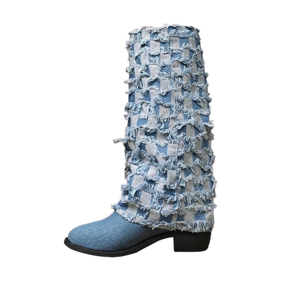 Shadoumai Denim Boots For Women Jeans Fold Retro Square Toe Knee High Rhinestone Stiletto High Heel Dress Boot
