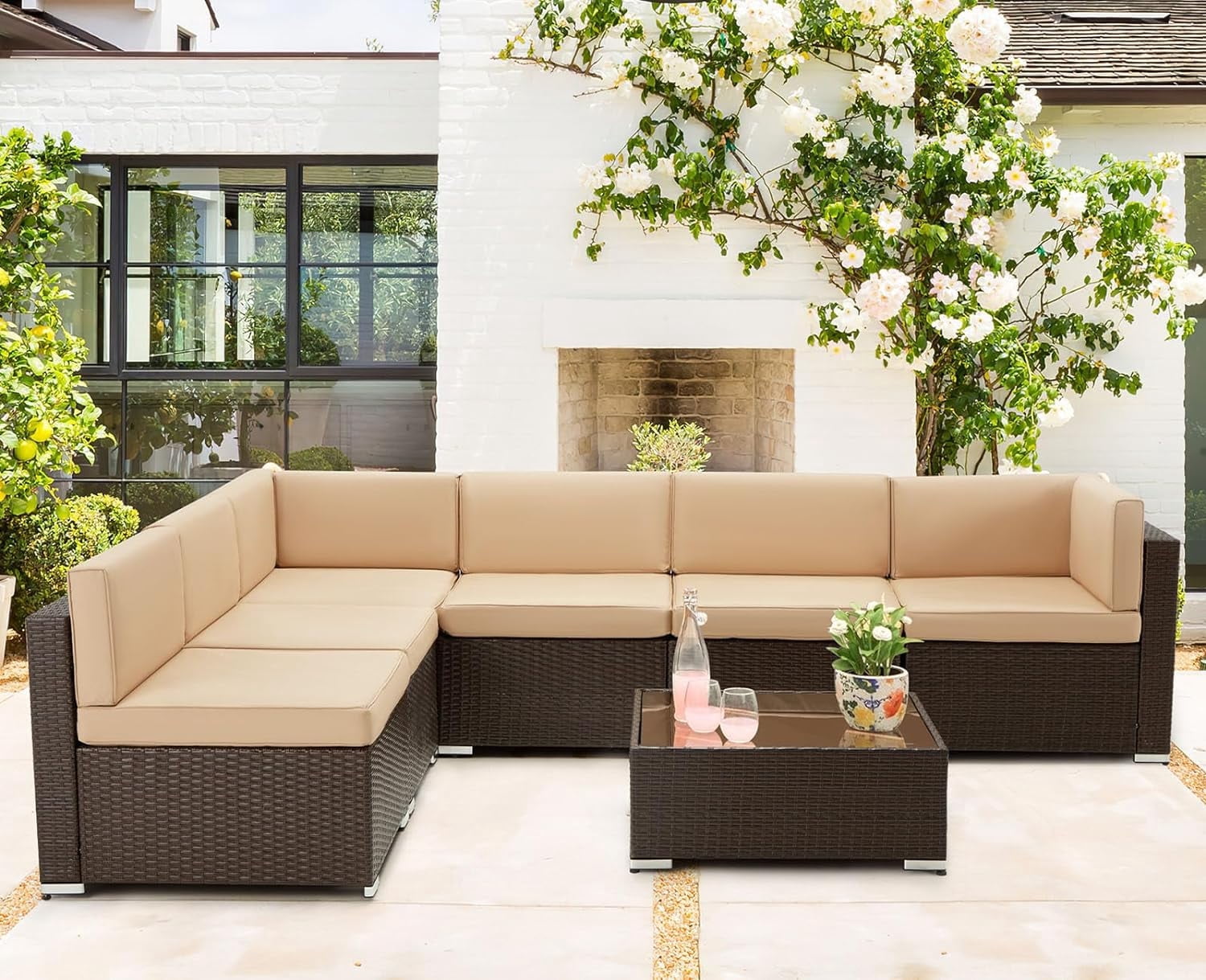 Danrelax 7-Piece Outdoor Sectional Sofa Patio Conversation Set, PE Rattan Wicker Furniture, Steel Frame, Beige Cushion/ Brown Rattan