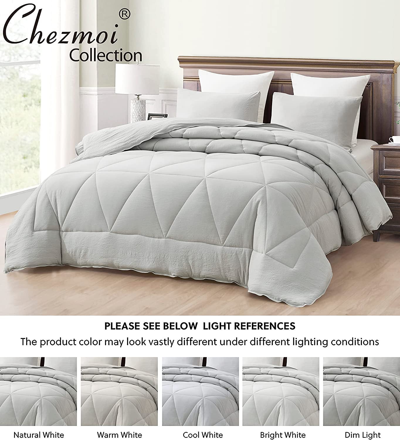Chezmoi Collection Rory Light Gray Comforter Set King Size 3-Piece Fluffy Soft Lightweight Bedding Triangle Quilted Stone-Washed Microfiber Comforter Set for All Season