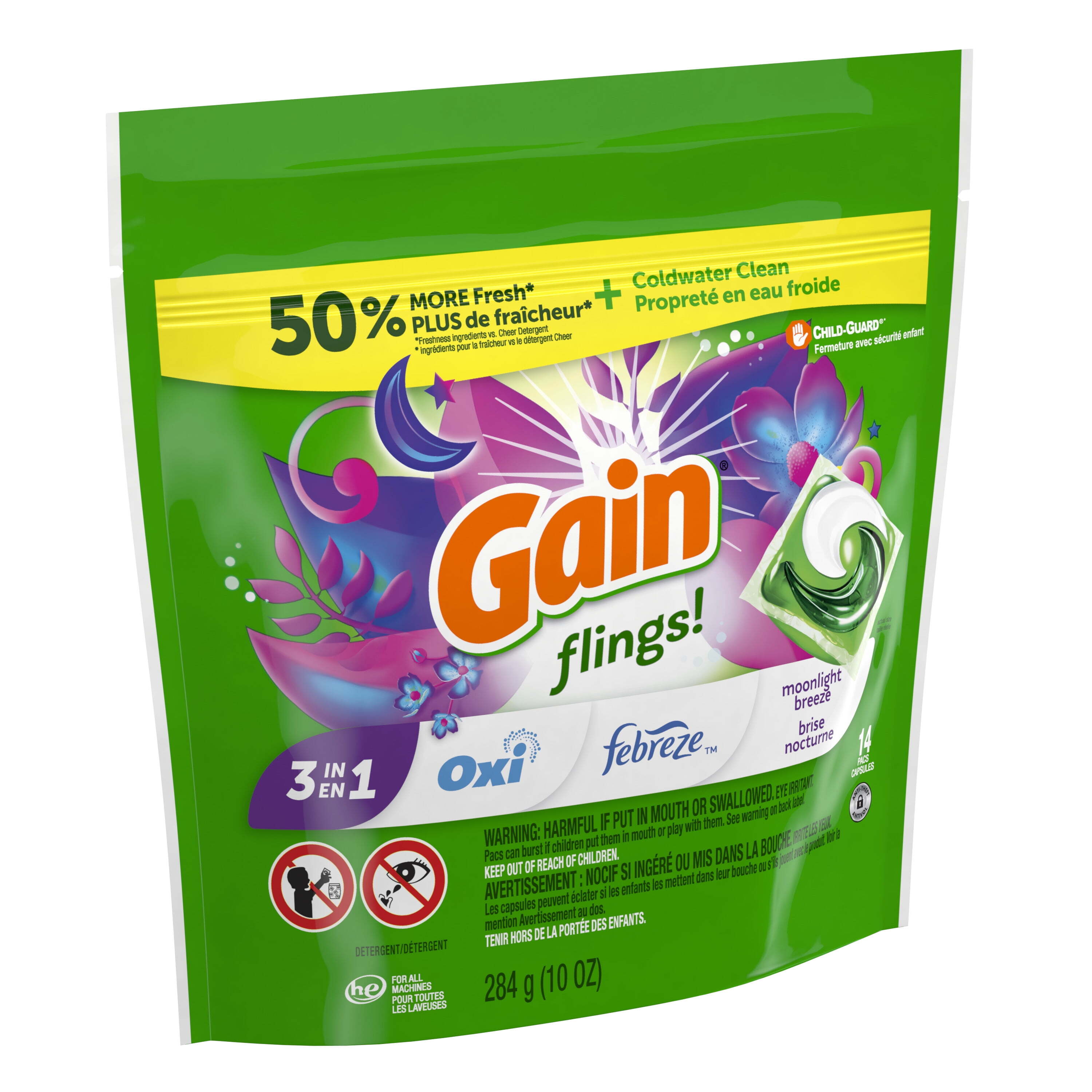 Gain Flings 3-in-1 Oxi Boost and Febreze Laundry Detergent Pacs, Moonlight Breeze Scent, 14 Count