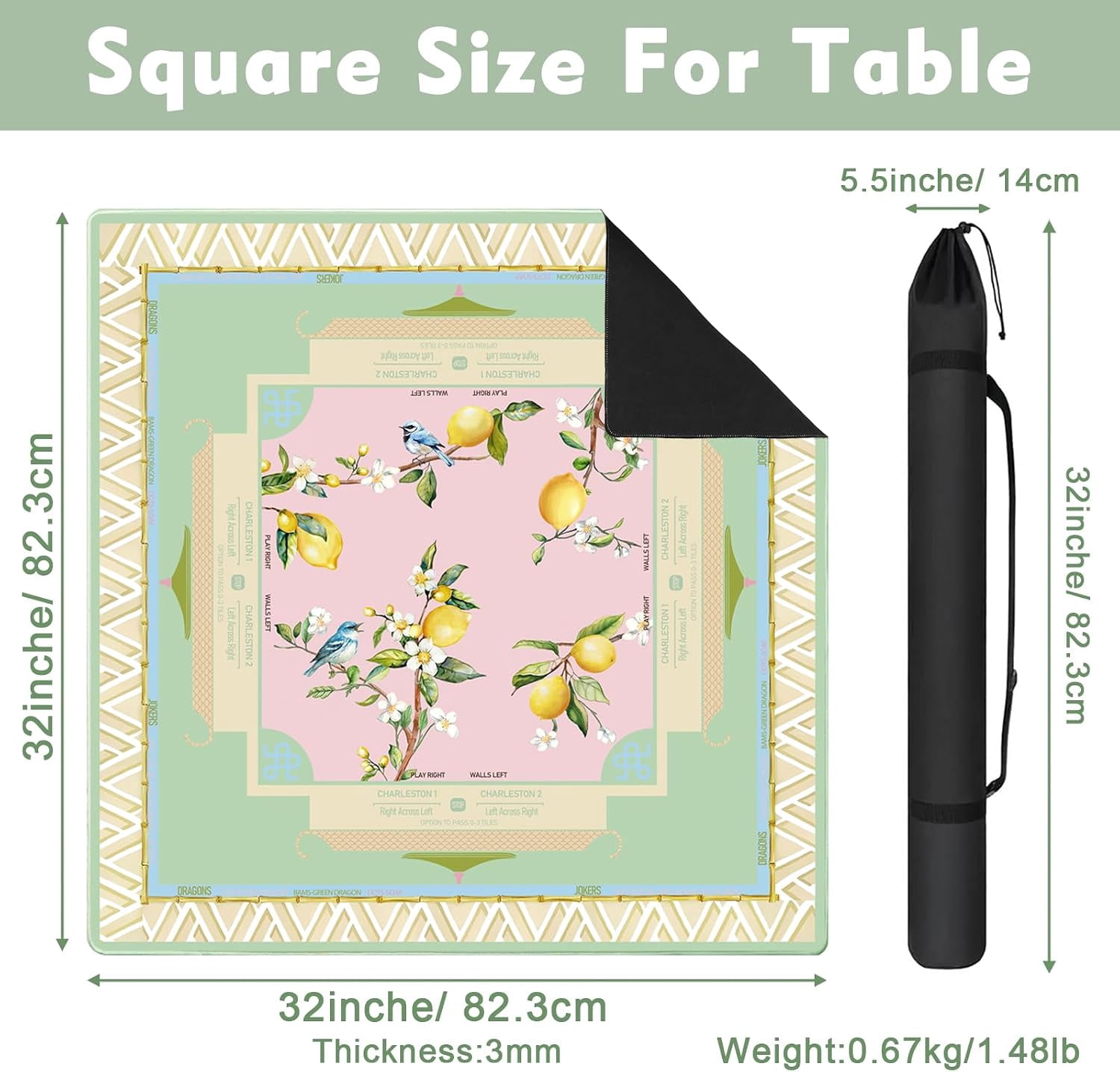Mahjong Mat Flowers and Green Plants Gaming Mat 31.5" x 31.5" for Mahjong