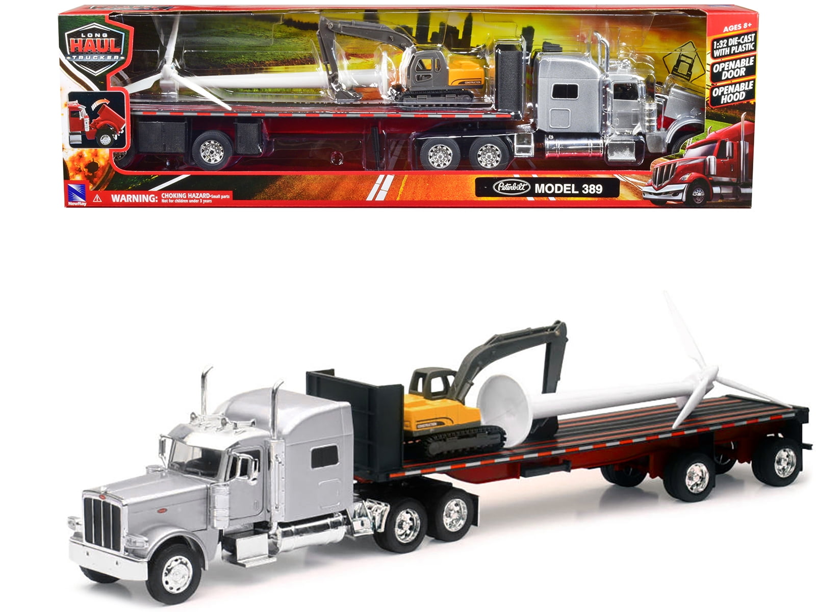 配送員設置 Peterbilt 389 Truck with Flatbed Trailer Silver Metallic ミニカー