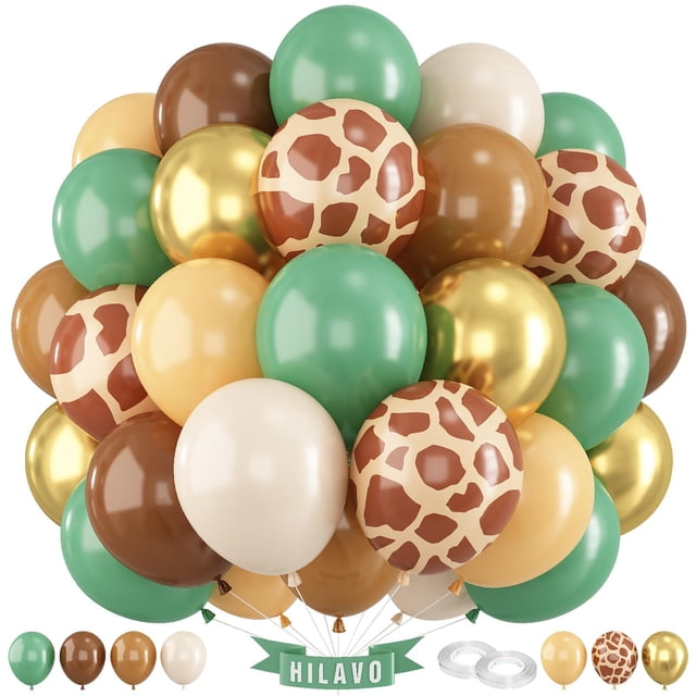 Globos HILAVO Jungle Safari, verde salvia, marrón y oro, 60 unidades