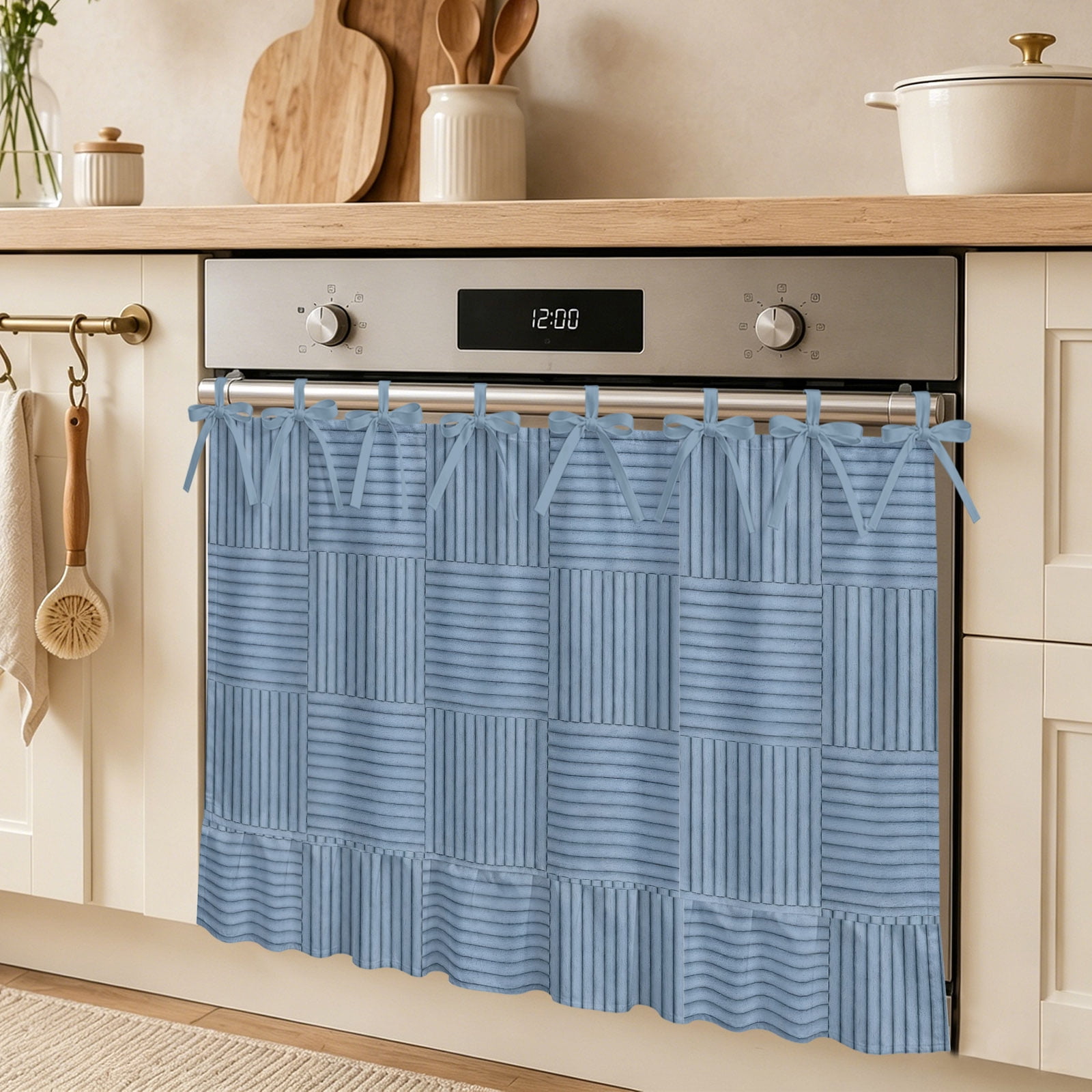 Blue Woven Strips Oven Skirt Curtain Navy Blue Square Blocks Woven Texture Rustic Tie Top Tier Curtains Stove Dishwasher Skirt Small Window Drapes for Kitchen Bathroom Cafe 30 x21.5