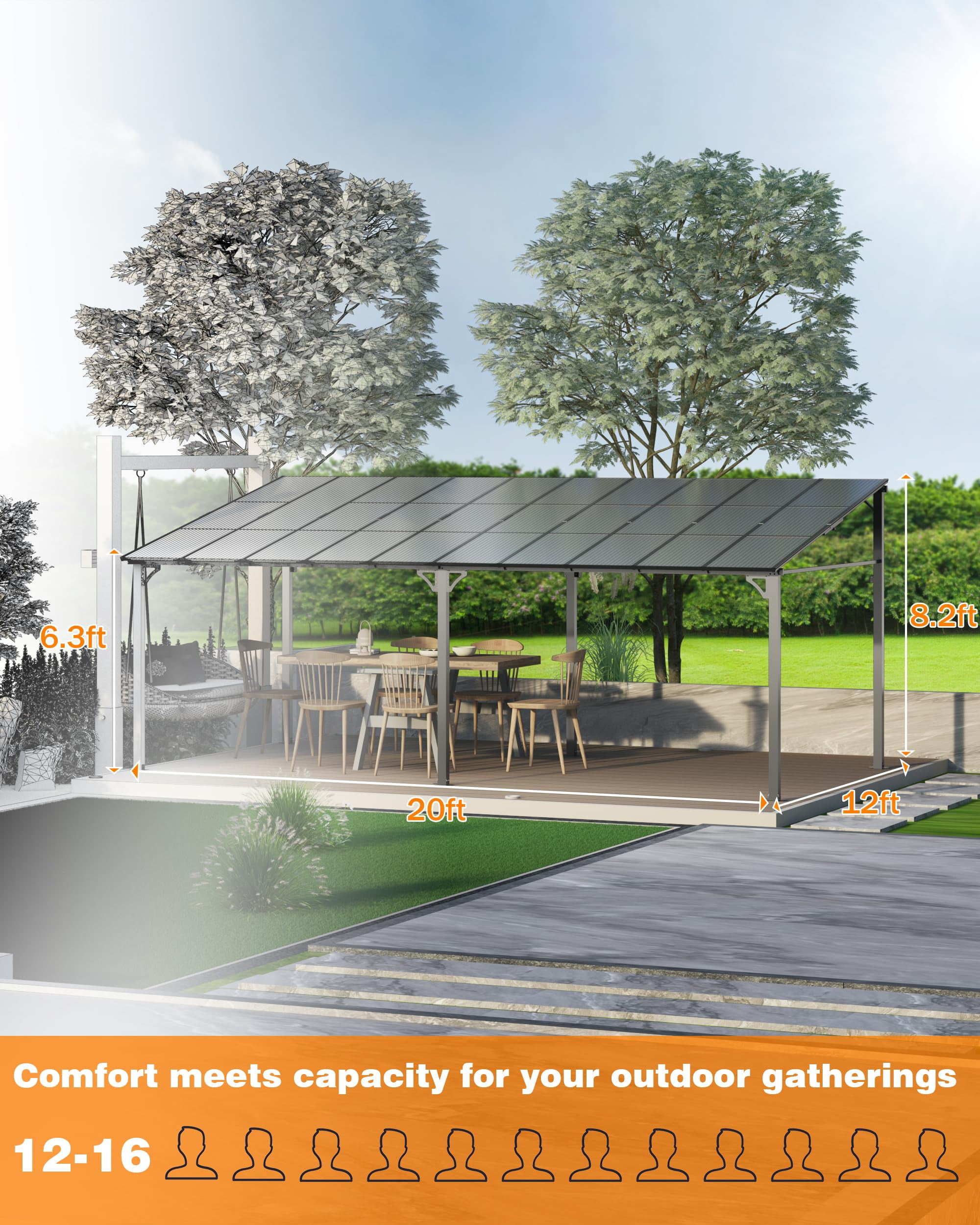 12’ x 20’ Gazebo, Wall Mounted Gazebos Pergola, Aluminum Frame, Outdoor Patio Lean to Gazebo Awnings for Deck, Porch, Backyard and More