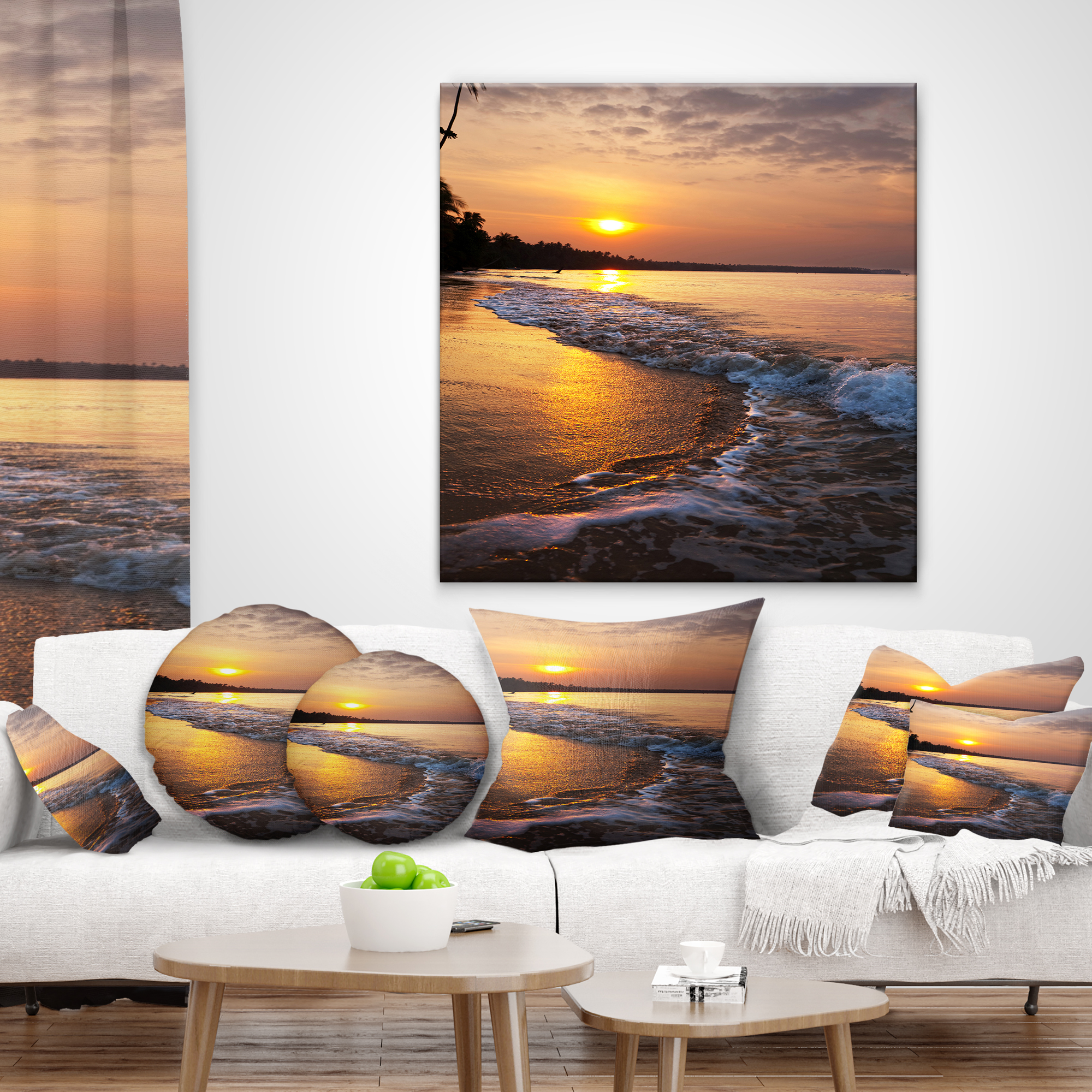 Designart White Foaming Waves at Sunset - Modern Beach Throw Pillow - 18x18