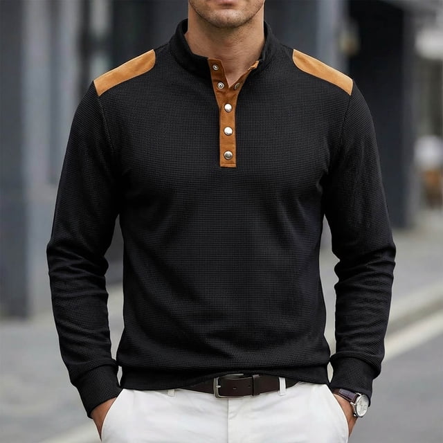 Ceisia Men's Loose Fit Long Sleeve Henley Shirts with Waffle Knit and Shoulder Color Block Patchwork, Stretch Blend Stand Collar Casual Tops Gifts