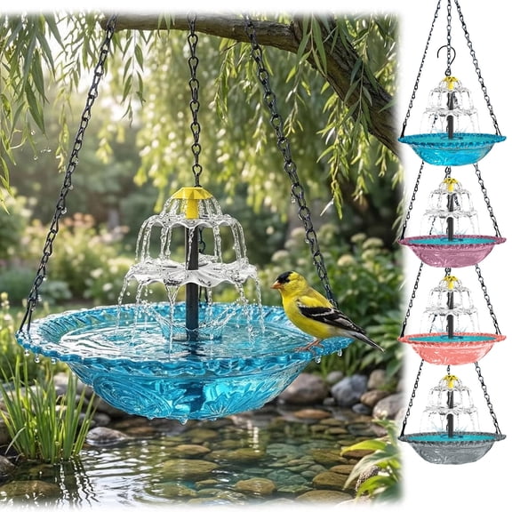 Hanging Solar Bird Bath Fountain, Solar Powered Cascading Outdoor Water Fountain, Hanging Bird Bath with Flowing Water, Decorative Garden Yard Patio Bird Bath Fountain - USB-Blue