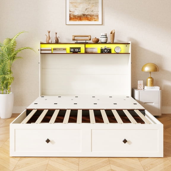 Queen Murphy Bed Cabinet with RGB LED Lights & Charging Station, White Farmhouse Wall Bed with Open Shelf & Drawer Storage, Heavy-Duty Steel Frame, 1100 lbs Capacity