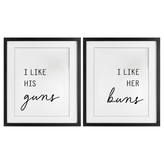 Like His Guns & Her Buns 2 Piece Black Framed Print Under Glass Set, design by Lettered and Lined
