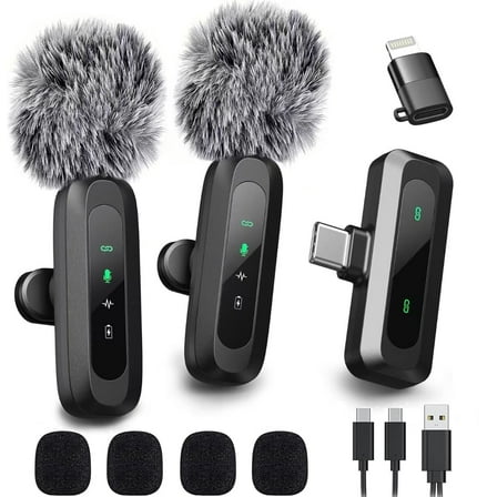 2 PCS Wireless Lavalier Microphone for iPhone, Android, iPad, USB-C, Mini Lapel Mic with Adapter