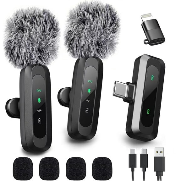 2 PCS Wireless Lavalier Microphone for iPhone, Android, iPad, USB-C, Mini Lapel Mic with Adapter