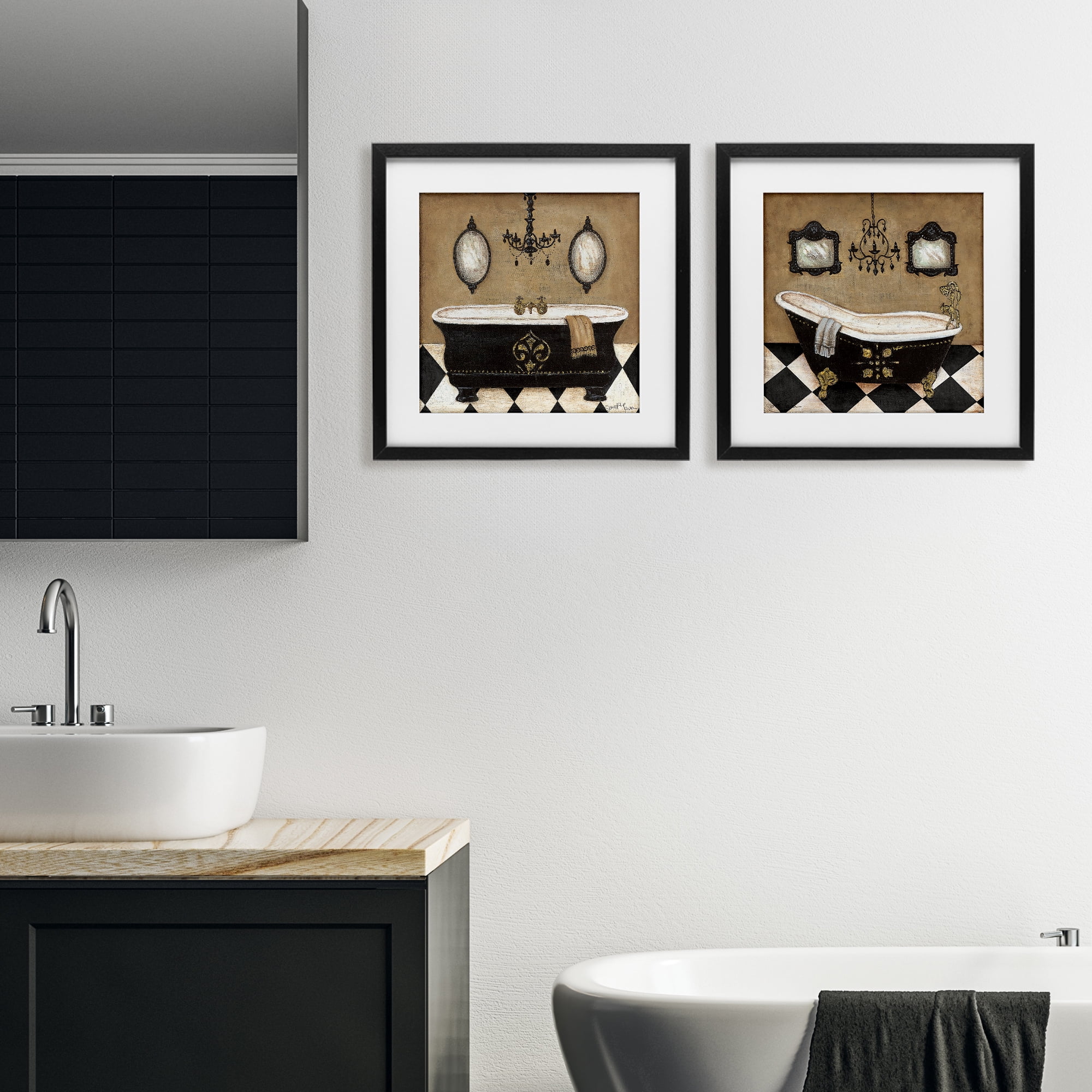 Stupell Industries Elegant Bathroom with Chandeliers 2 Piece Black Framed Print Under Glass Set, design by Janet Tava