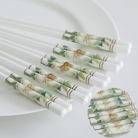 Ceramic chopsticks Chinese porcelain Set of 5,Reusable chop sticks,Great Replacement of Bamboo/Wooden Chopsticks, 9.7-Inch (Golden Camellia) Golden Ca
