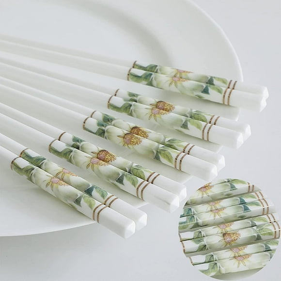 Ceramic chopsticks Chinese porcelain Set of 5,Reusable chop sticks,Great Replacement of Bamboo/Wooden Chopsticks, 9.7-Inch (Golden Camellia) Golden Ca