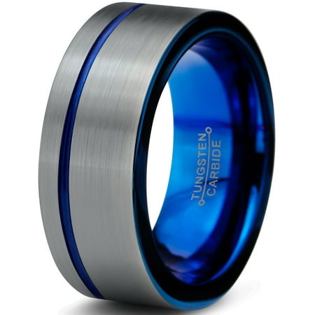 Tungsten Wedding Band Ring 10mm for Men Women Blue Grey Pipe Cut ...