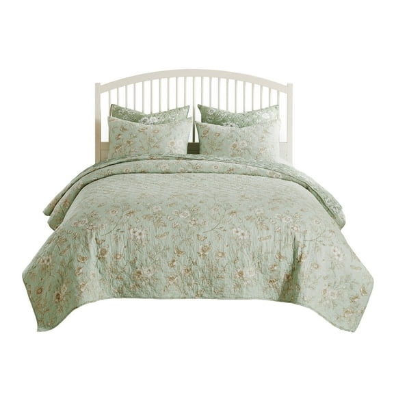 Vola 2 Piece Twin Quilt Set, Floral Pattern, Light Green Microfiber