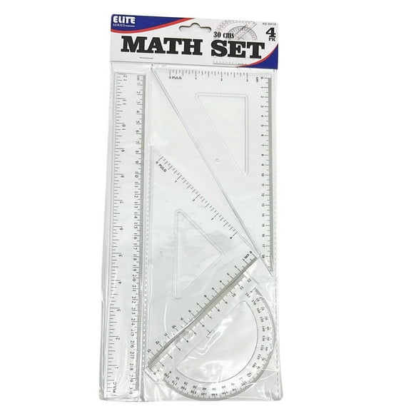 Plastic Math Set – 12" / 30 cm Ruler, Protractor, and Triangles: 4CT
