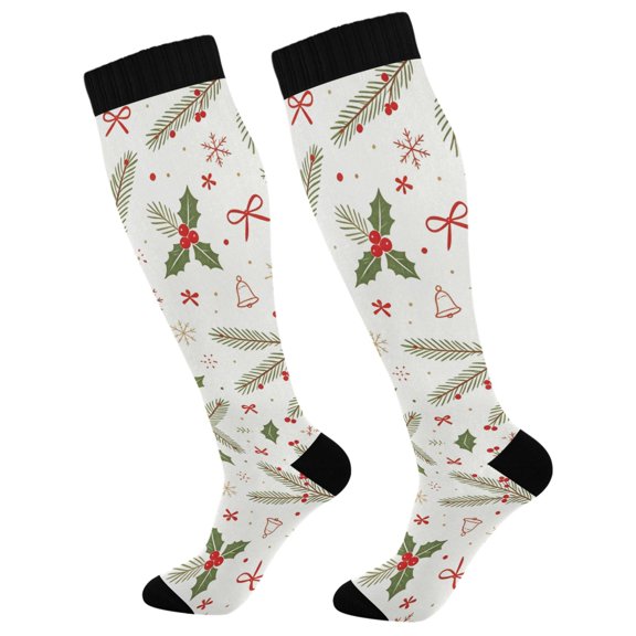 Unisex Knee High Socks, Christmas Holly Printed Socks, Long Running Socks for Men & Women (1 Pair)