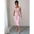 thumbnail image 6 of Pink Womens Romantic Floral Mesh Ruched Midi Dress With Square Neck And Short Puff Sleeves, 6 of 6