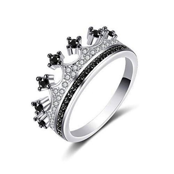 Platinum Plated Black White CZ Princess Crown Tiara Ring Wedding Promise Jewelry for Women Girls (black size 6)