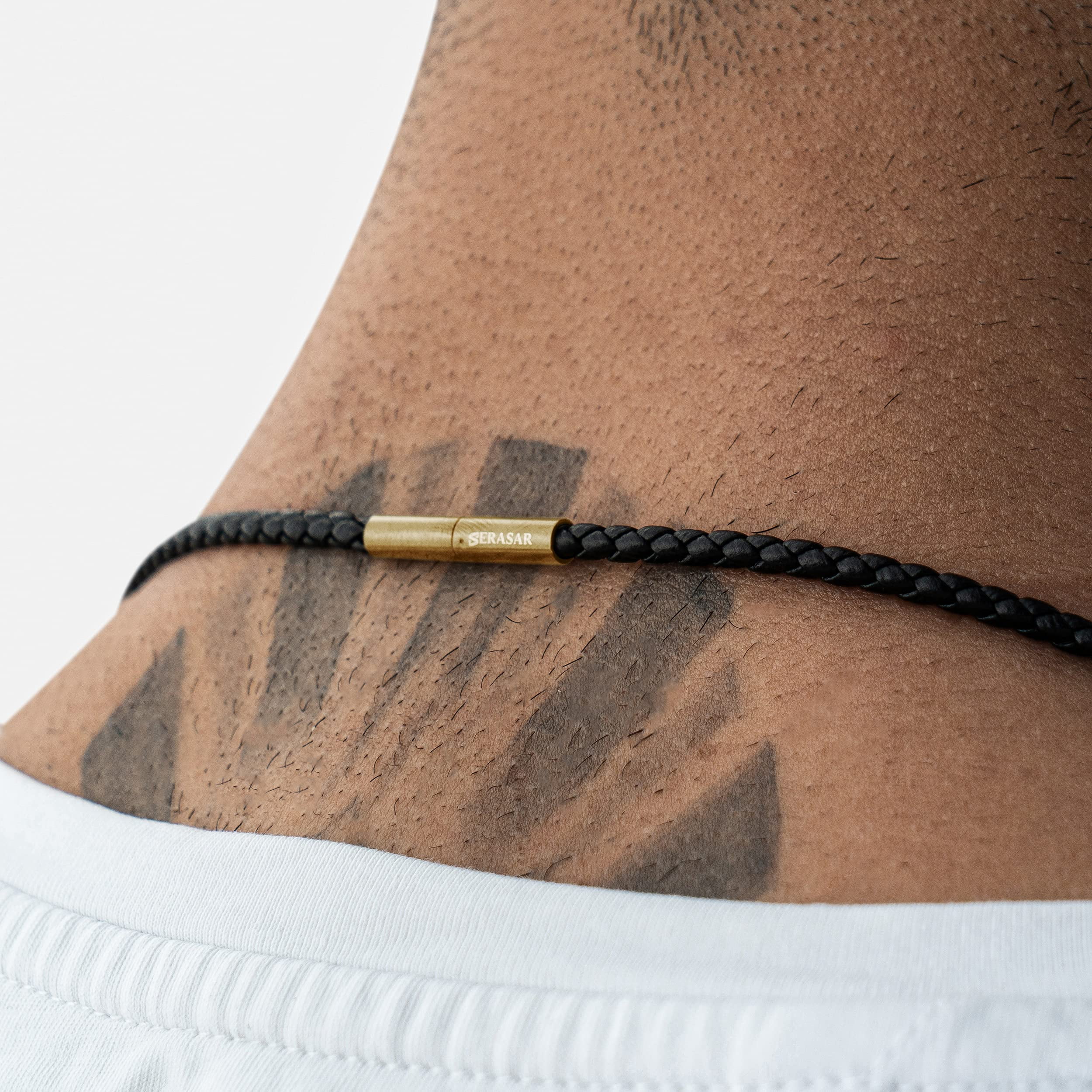 SERASAR Men's Leather Necklace "Solid" with Stainless steel Pendant and Magnetic Closure, Gold 60cm, incliding Gift box
