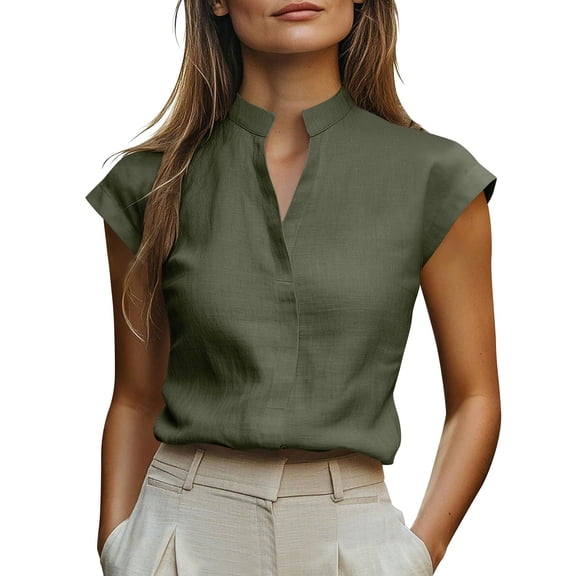 hlysgo Women's Dressy Casual Tops Business Work Blouses Cap Sleeve V Neck Tshirt Green,M