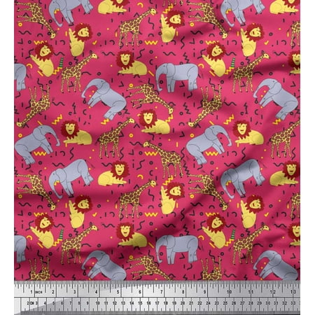 Soimoi Pink Poly Georgette Fabric Lion Giraffe & Elephant Kids Print Sewing Fabric BTY 52 Inch Wide