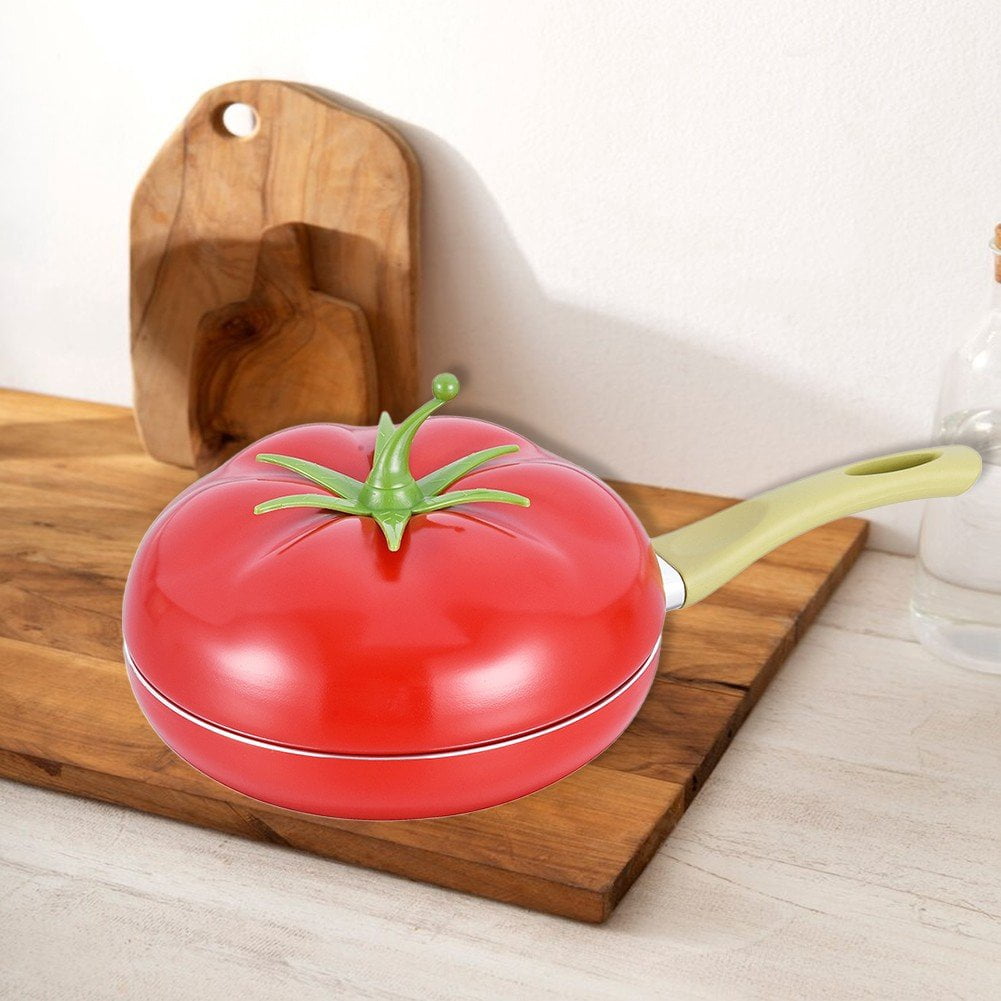 Jiibva 1Pc Red Tomato Shape Non Stick Skillet Frying Pan with Lid for Home Induction Cooker