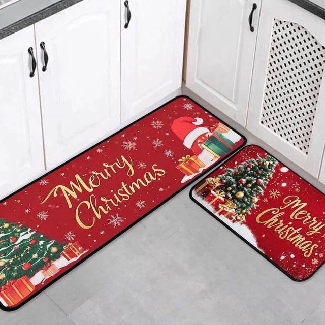 Christmas Holiday Kitchen Floor Mat Set for Festive Home and Winter Floor Decoration with Non- Backing