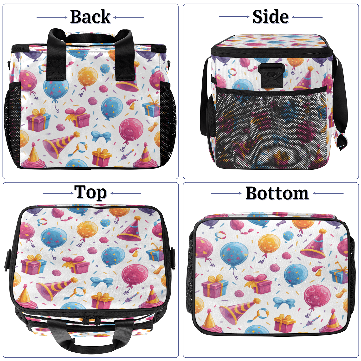 Herdesigns Happy Birthday Theme Large Lunch Box for Adults Women Men with Adjustable Shoulder Strap, Insulated Reusable Lunch Bag Leakproof Cooler Tote Bag