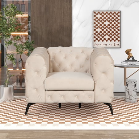 41 inch Single Sofa, 1-Person Velvet Couch with Button Tufted Back, Soft Tufted Seat with Thick Seat Cushion, Mid Century Sofa with Sturdy Metal Legs for Small Space
