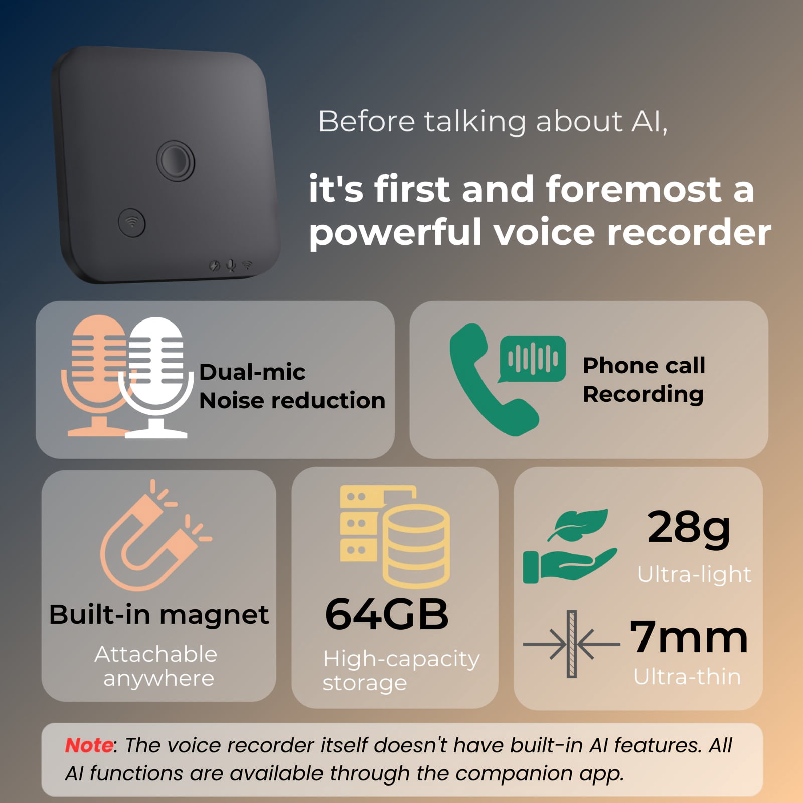AI Voice Recorder with APP for Voice-to-Text Transcription, Translation, GPT-4o Summary, Mind Mapping, 64GB Storage, And A Magnetic Design, for Calls, Lectures, And Meetings, By FoCase Rec