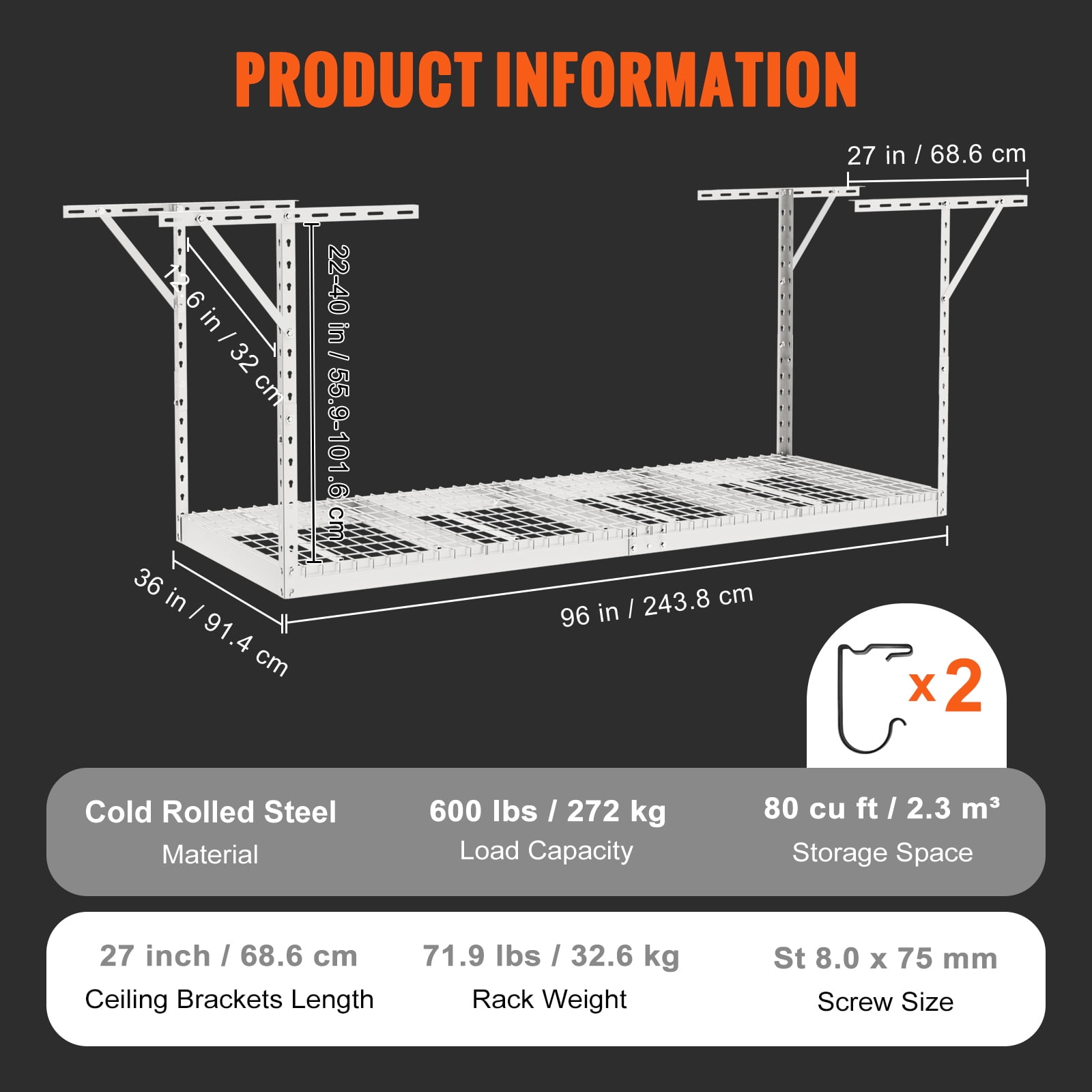 KFFKFF Overhead Adjustable Garage Storage Rack 36x96" Ceiling Rack 600lb White