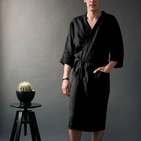 

Men s Short Sleeved Long Bathrobe Home Clothes Solid Color Linen Pajamas Robe Note Please Buy One Or Two Sizes Larger